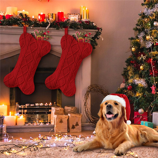 Julstrumpa för hundar, stickad julstrumpa för hundar, benformad hundstrumpa julstor stor husdjursstrumpa hängande hundstrumpa för katter husdjur Red