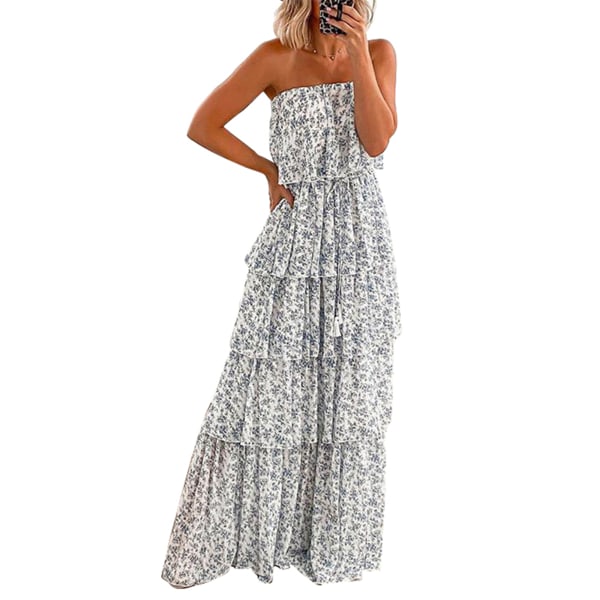 Snygg sommar Sexig Tube Top Blommig Klänning Lång kjol för kvinnor White L  c03b | White | L | Fyndiq