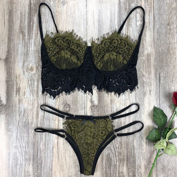 Kvinnors underkläder bh och trosor 2-delad sexig underkläder pyjamas Green L
