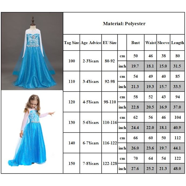 Flickor Prinsessa Elsa Klänning Kostym Cosplay Födelsedagsfest Prinsessklänning Med Tillbehör 110cm