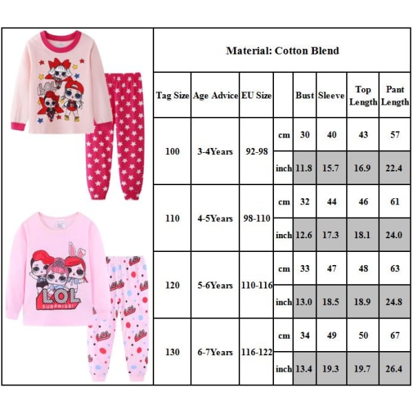 Barnflickors Pyjamas Långärmad Toppar Byxor 2PCS Set Nattkläder C 100cm