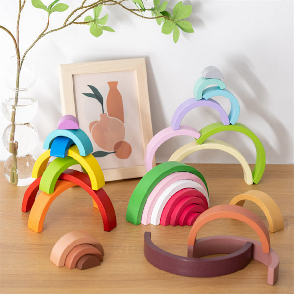 Barn Trä Regnbåge stapling leksaksstaplare Montessori häckande block Färgform Matchande leksaker Set Macaroon