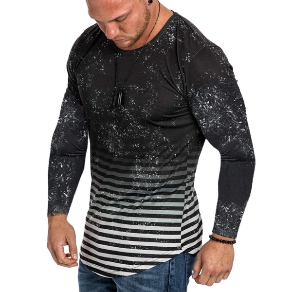 T-shirt för män digitalt tryck 3D-gradient Casual långärmad Black 3XL