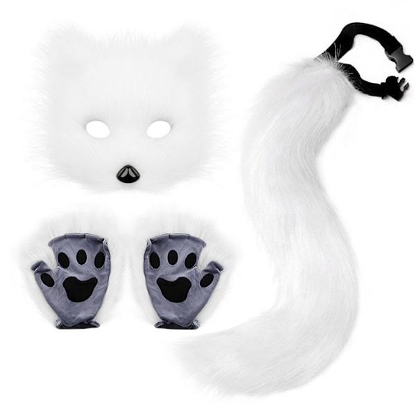 Plush Pälsfågelräv Svans Katt Varulv Cosplay Kostym Set - Mask, Handskar - Halloween Jul Fest White