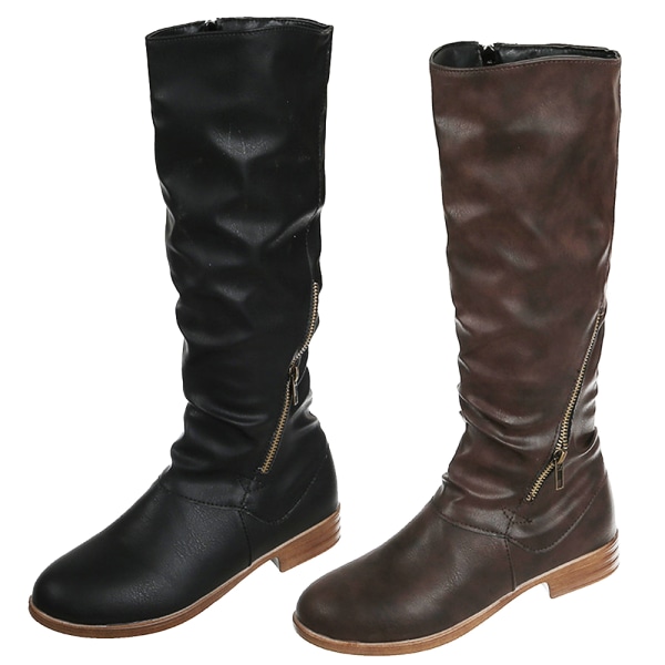 Kvinnor Vintage Rund Toe Zip Up Overize Mid-Calf Long Boots Black 42