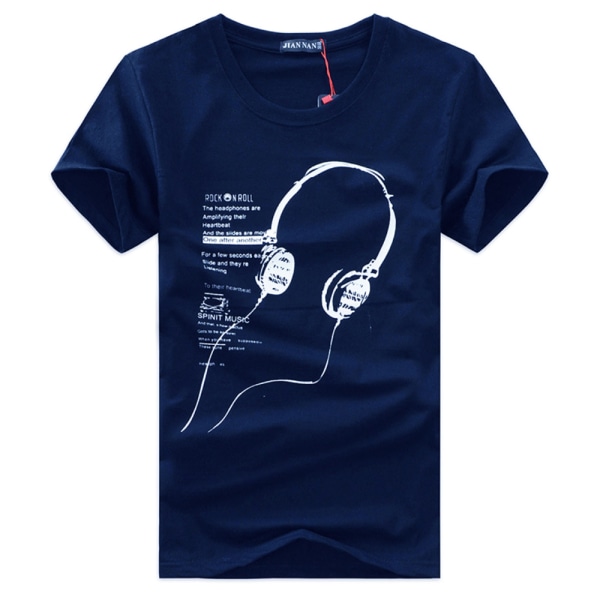 Fashionabla mäns Casual Creative Headphone Print T-shirt Summer Navy blue L