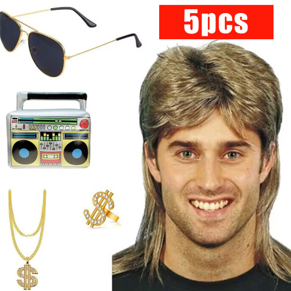 80-tal 90-tal Rapper Hip Hop Kostym Kit Lång Peruk Solglasögon Set