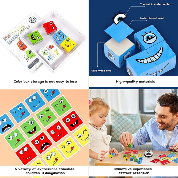 Trä ansikte förändras Magic Cube Game Expression Pussel byggstenar leksaker