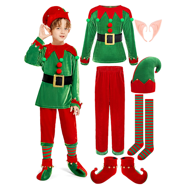 Jultomten Santa Claus Kostym Grön Elf Kostym Cosplay Familj Karneval Party Nyår Maskeraddräkt Kläder Set För Barn Pojkar 130cm