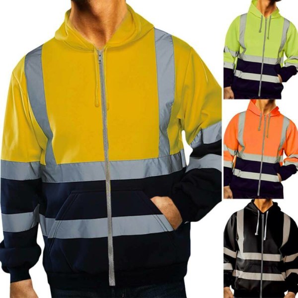 Hi Viz Vis Hoodie High Visibility Workwear Full Zip Sweatshirt Reflective Jacket 