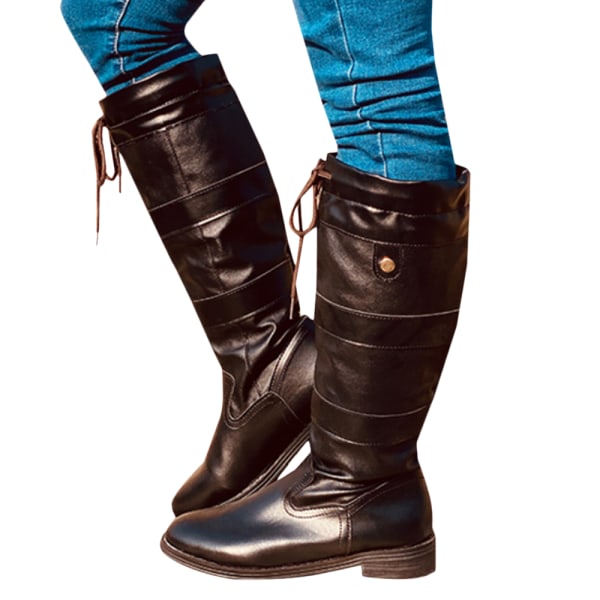 Köp Kvinnors PU läder snörning upp knä hög mid kalv stövlar platta skor  Black 36 | Fyndiq