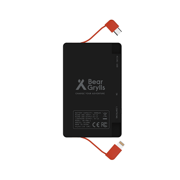 Bear Grylls 3000mAh Power Bank with Built-in Lightning & Micro USB Cable Svart