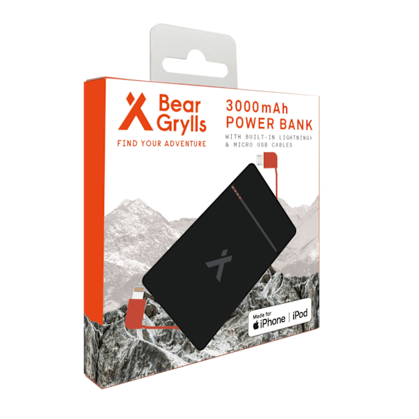 Bear Grylls 3000mAh Power Bank with Built-in Lightning & Micro USB Cable Svart