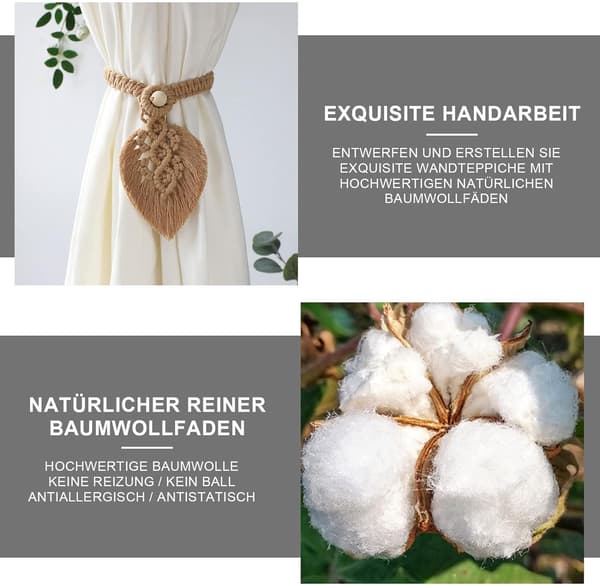 Boho gardinbindinger, blader bomull makramé gardinklips, fjærgardinklips