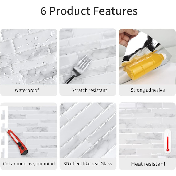 Marmor Peel and Stick Backsplash, 10-ark Premium 3D Selvhæftende Fliser