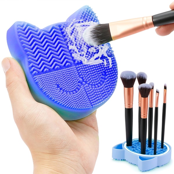 2 in 1 Makeup Brush Cleaning Mat with Brush Drying Holder, Silicon Cat