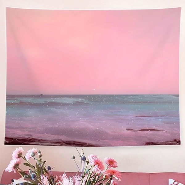 Pink Ocean Tapestry Beach Tapestry Pink Sea Sky Moon Tapestries Wall H