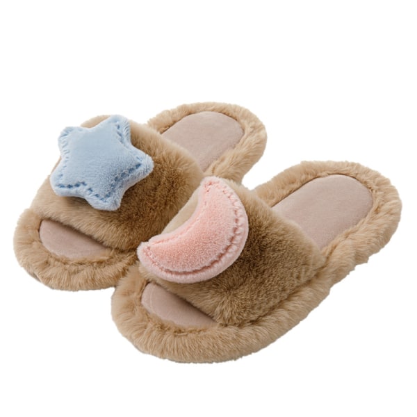 Stjerne- og måneslippers Kvinners Fluffy Slippers Plush Plush Slippers Soft Furry Sandals Jenter Cute Slippers Gave Brun