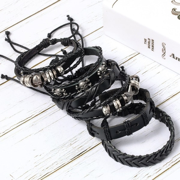 Dödskalle Läderarmband, 6 st Charm Etnisk Tribal Flätad Läderarmband