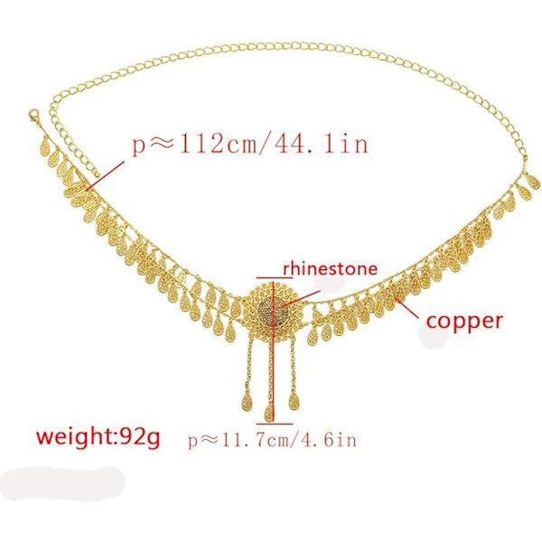 Krystallblomst Livbelte for Kvinner Magekjeder Danse Strandbelte Statement Body Chain Sølv India Etnisk Boho Tyrkisk Smykker 112cm gylden