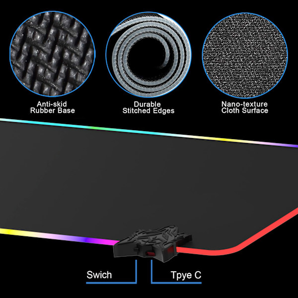 Stor RGB Gaming Musemåtte - 14 Lystilstande Touch Control Udvidet Blød