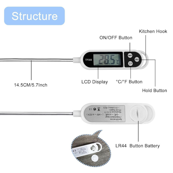 Kjøttmat Candy Termometer, Probe Instant Read Termometer, Digital Cooking Kitchen BBQ Grill Termometer med Lang Probe