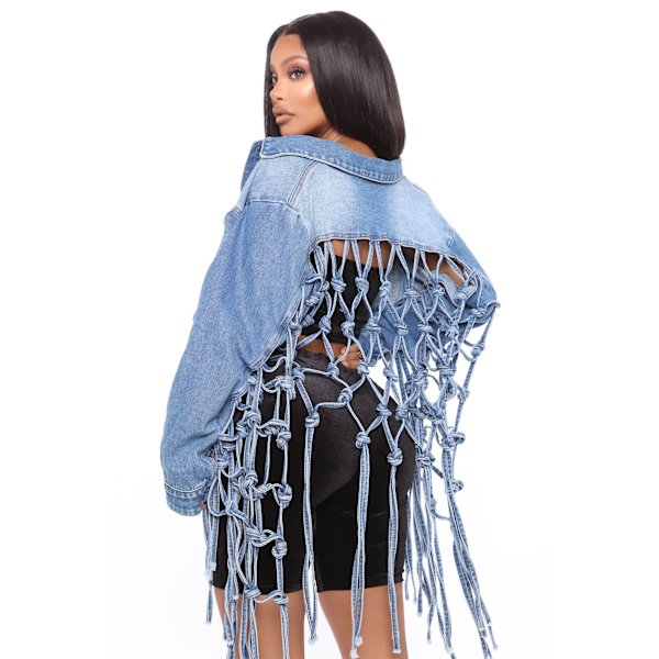Kvinnors bakre mesh fransad denimjacka XL