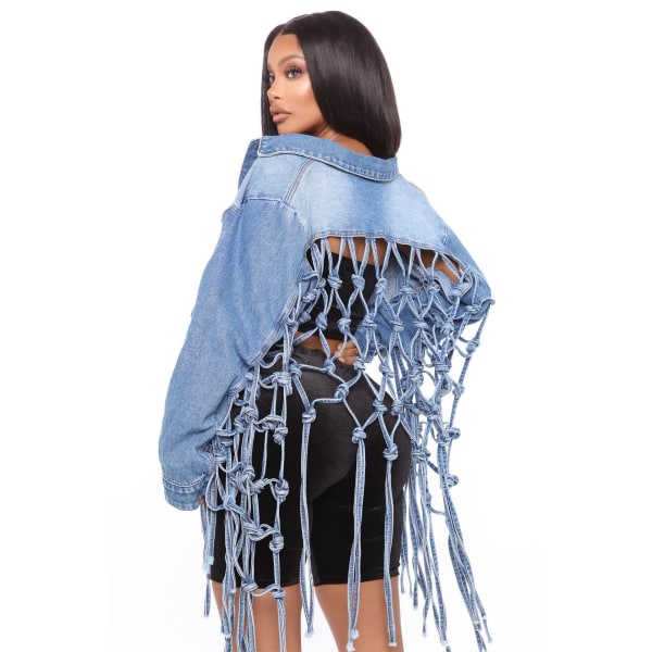 Women's back mesh fringed denim jacket XL