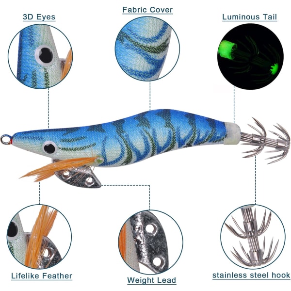 5 stk glødende blekksprutjigs saltvannsfiske lokke reker reke lokke lumino