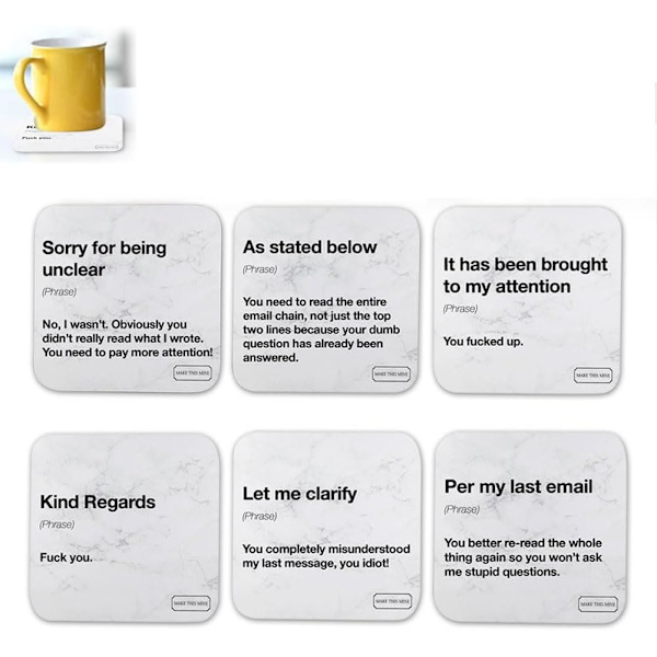 Sjove kontor email definitioner coasters, arbejds email ordsprog coasters, sæt med 6 skridsikre firkantede drikke coasters, inspirerende gaver til kontorarbejdere, mænd, kvinder