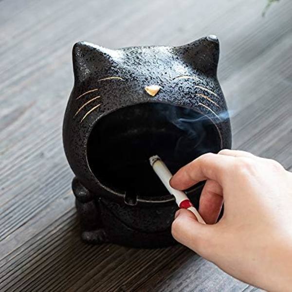 Keramisk askkopp i form av katt, prydnadsföremål, förvaringslåda, 13 x 11 cm, svart