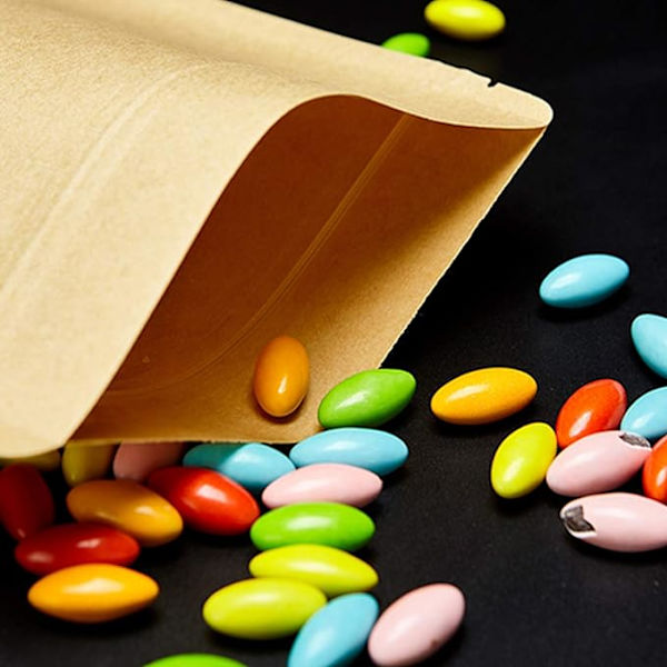 100 st återförslutningsbara påsar 3,5\" x 5,5\" Stående Kraftpapperspåsar med matt fönster Ziplock Matförvaringspåsar för förpackning Återanvändbar förslutningsbar
