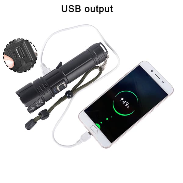 Taskulamppu USB-lataus sisään- ja ulostulo teleskooppinen zoom tehonäyttö