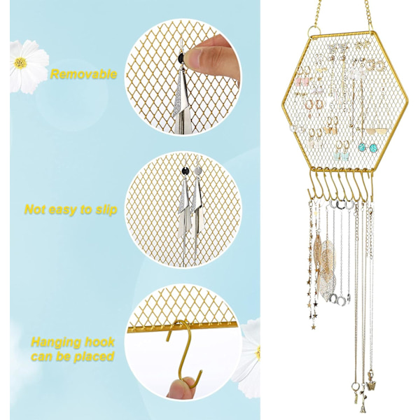 2 st örhänge vägg hållare väggmonterad örhänge arrangör hängande örhänge stativ dekorativ diamant rutnät form smycken display rack (guld, hexagon)
