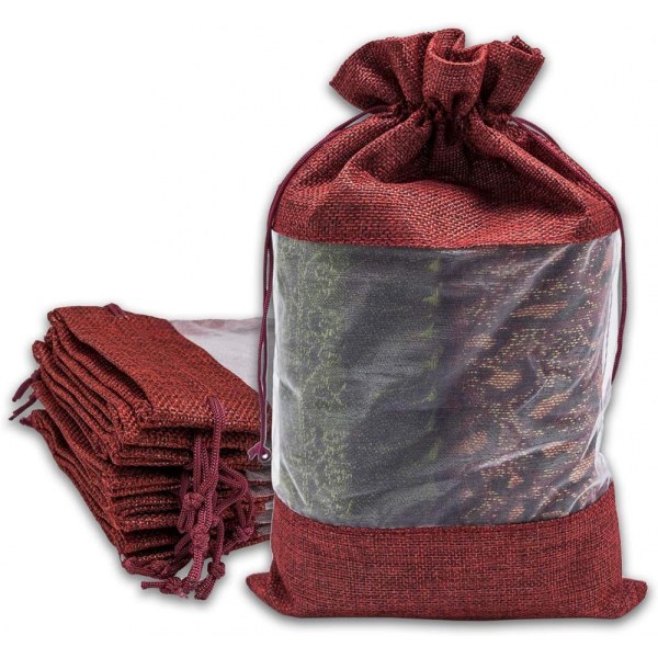 Set of 50 linen burlap and sheer organza gift bags with drawstring for