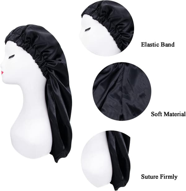 2 st satin nattmössa sovmössa lång mössa för sovmössa för elastiskt band sovande nattmössa för kvinnor och flickor sovande (svart, guld)