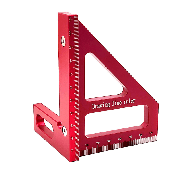 3D træbearbejdning firkant vinkelmåler, 45/90 graders tømrer vinkel aluminium gering træbearbejdning lineal, trekant lineal ridser (rød)