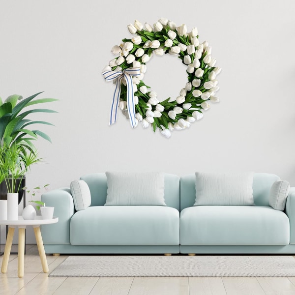 30 cm chic stil Rattan tulpan krans, vit konstgjord tulpan krans, vit krans vår krans blomsterkrans