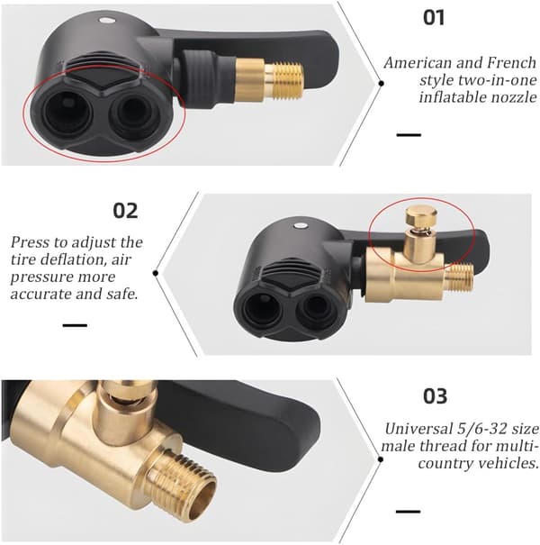 Adapter för bildäckventil, mässingstippad pumpuppblåsare, gängad ersättningspump