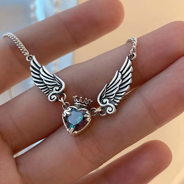 Vintage Princess Queen Crown Heart with Wings Pendant Necklace Valenti