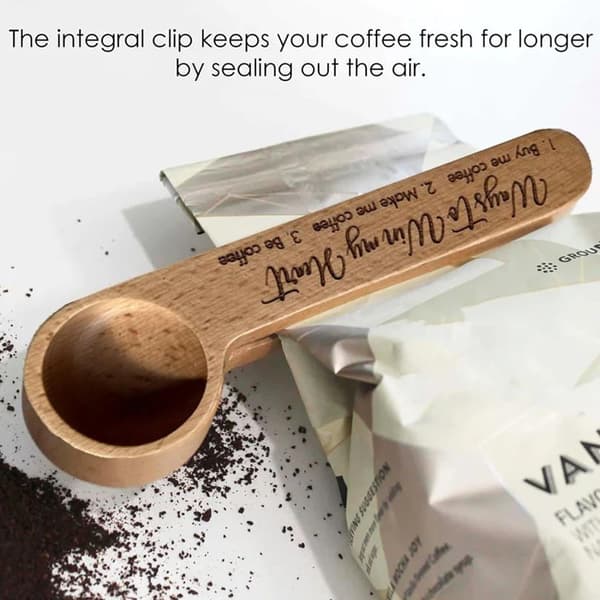 Gravert kaffeskje og poseklips, treskje og poseklips for kaffe,