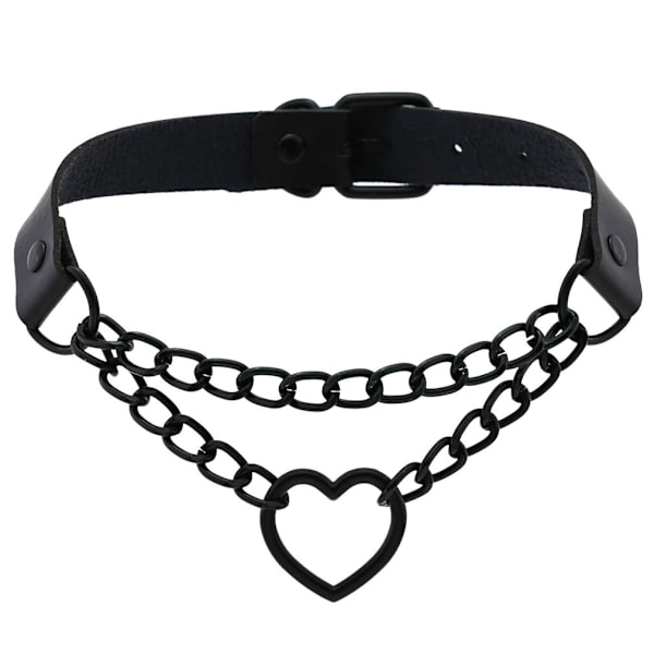 Læder Peach Heart Punk Halskæde (Sort), Hjerteformet Charm Justerbar
