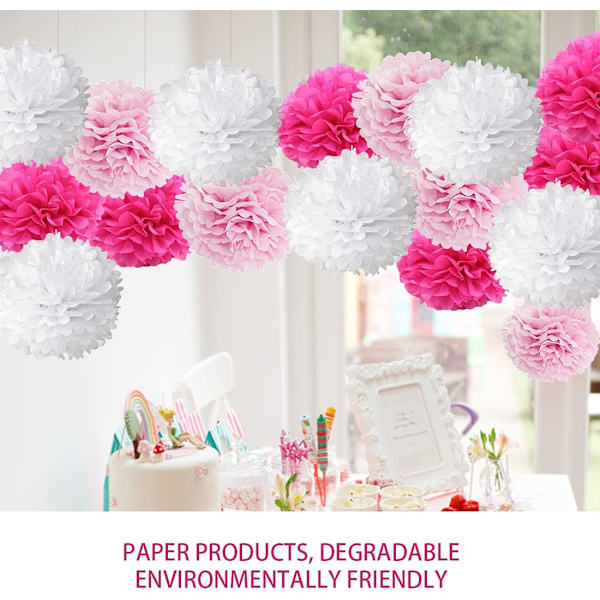 18 rosa blomsterpomponger til en jentes dåp, silkepapirpomponger. Dekorasjon til bursdag eller baby shower