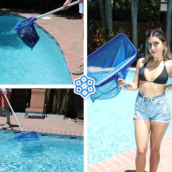Pool Skimmer Net, Heavy Duty Leaf Rake Cleaning Tool, Fine Mesh Net Bag Catcher 50.5cm blå