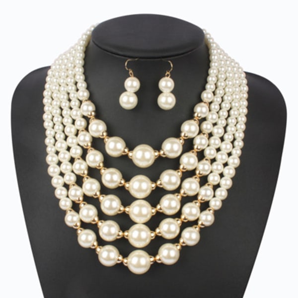 Multi-layer Pearl Beads Necklace Earrings + Necklace Two-piece Set Of