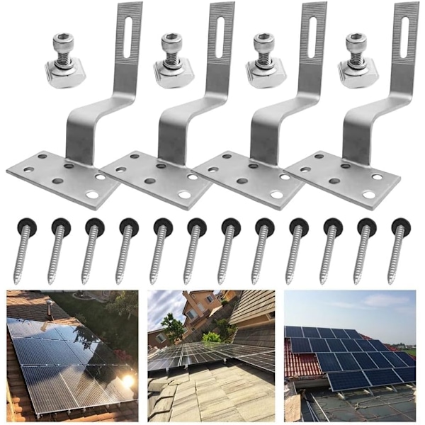 Sats med 4 solpaneler för takplattor med takkrokar, spikar och kortblock f