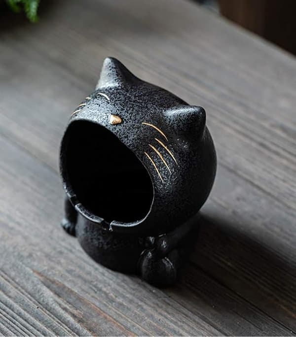 Keramisk Askebæger i Form af Kat, Ornament Opbevaringsboks 13*11CM Sort