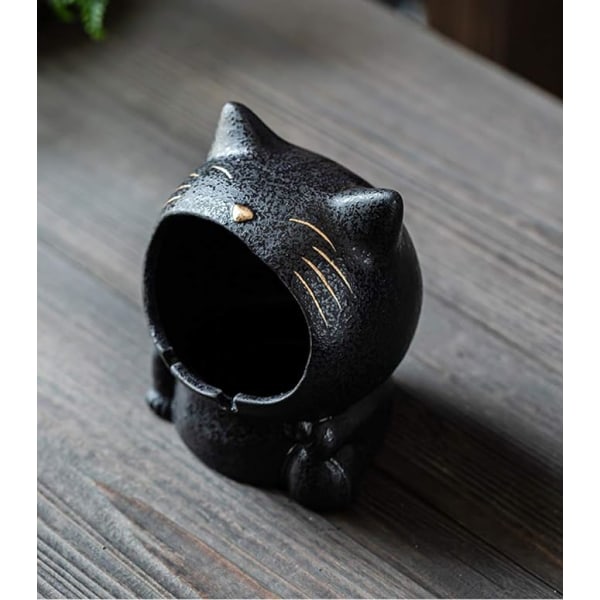 Keramisk askkopp i form av katt, prydnadsföremål, förvaringslåda, 13 x 11 cm, svart