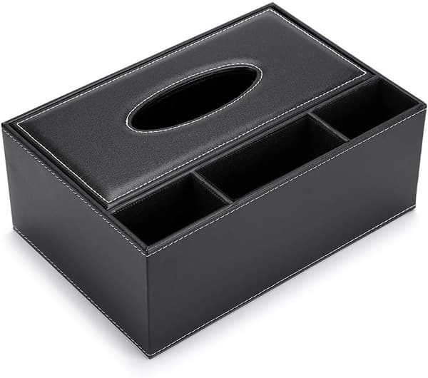 Rektangulær serviettboksdispenser i PU-lær med 3 rom, skrivebordsarrangør (svart)