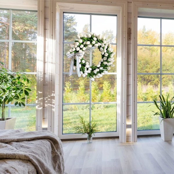 30 cm chic stil Rattan tulpan krans, vit konstgjord tulpan krans, vit krans vår krans blomsterkrans